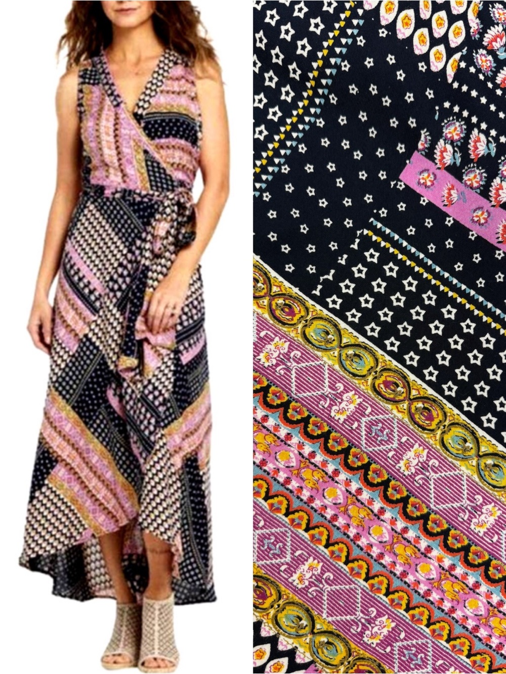 Anthropologie X Raga Hadley Patchwork Sleeveless Wrap Maxi Dress Floral Boho